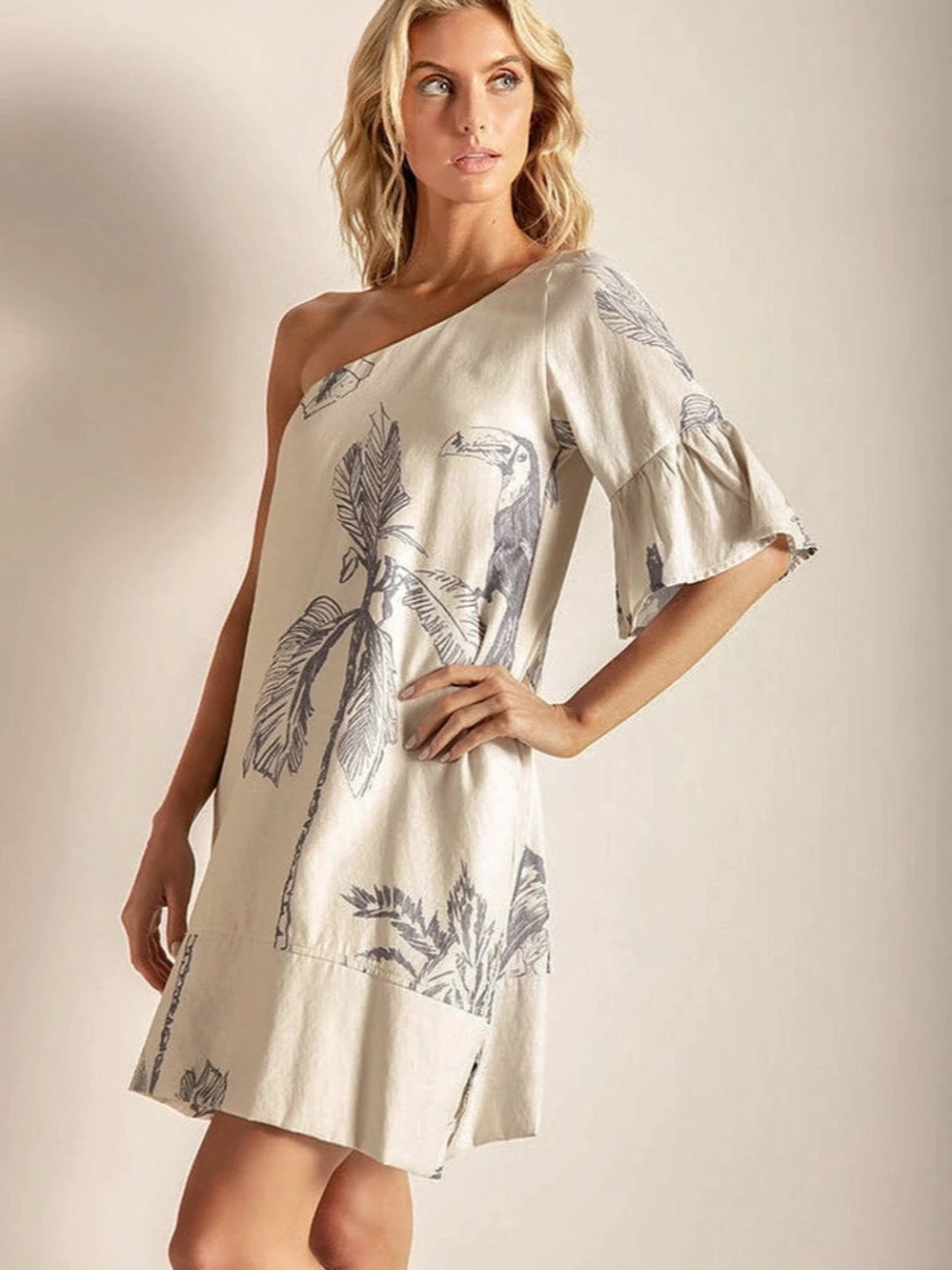 Toulouse Floral One-Shoulder Mini Dress in Cream & Blue Size Small
